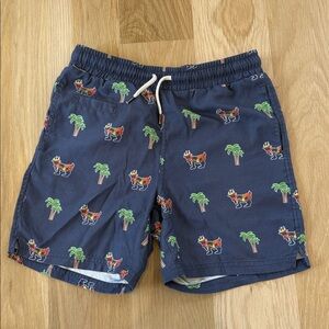 Kids Navy Blue Swim Trunks with Palm Tree and Fox Print